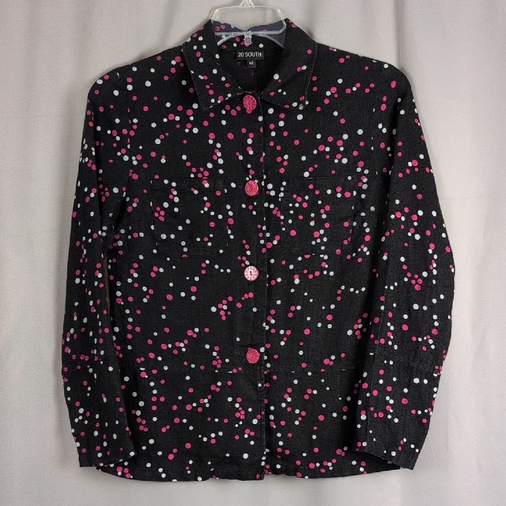 20 South Black Button Down Shirt with Pink and White Dots Linen Medium